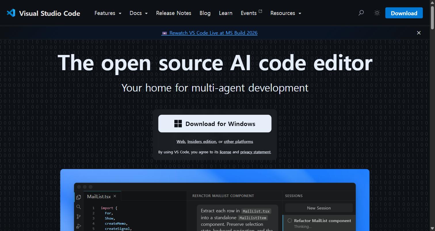 VS Code 홈페이지 화면