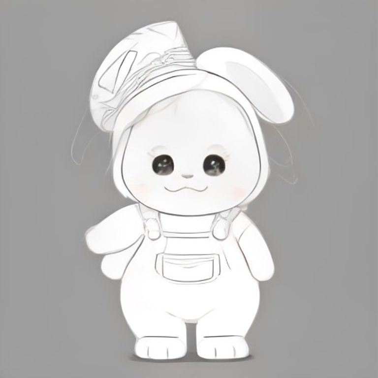 아기 토끼의 멜빵 바지와 둥근 모자