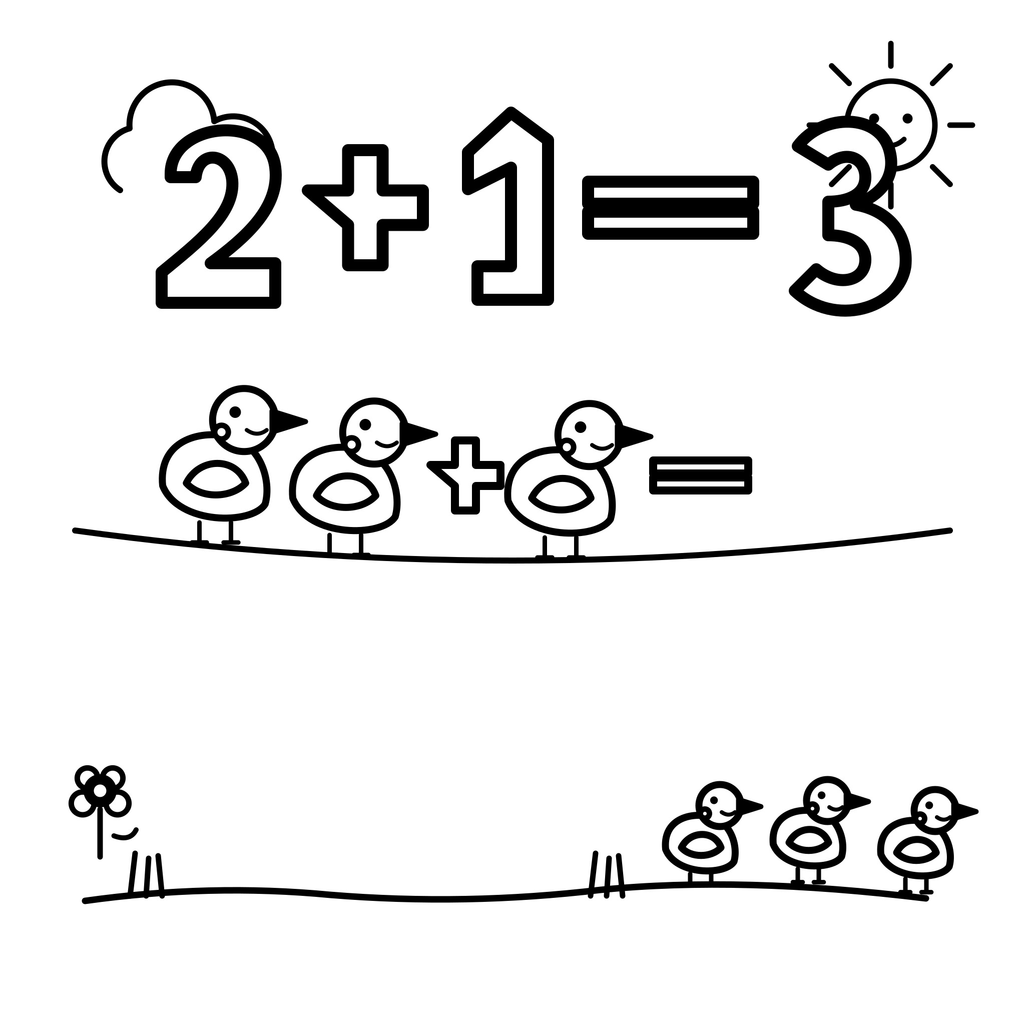 그림 덧셈 2+1=3 — 새