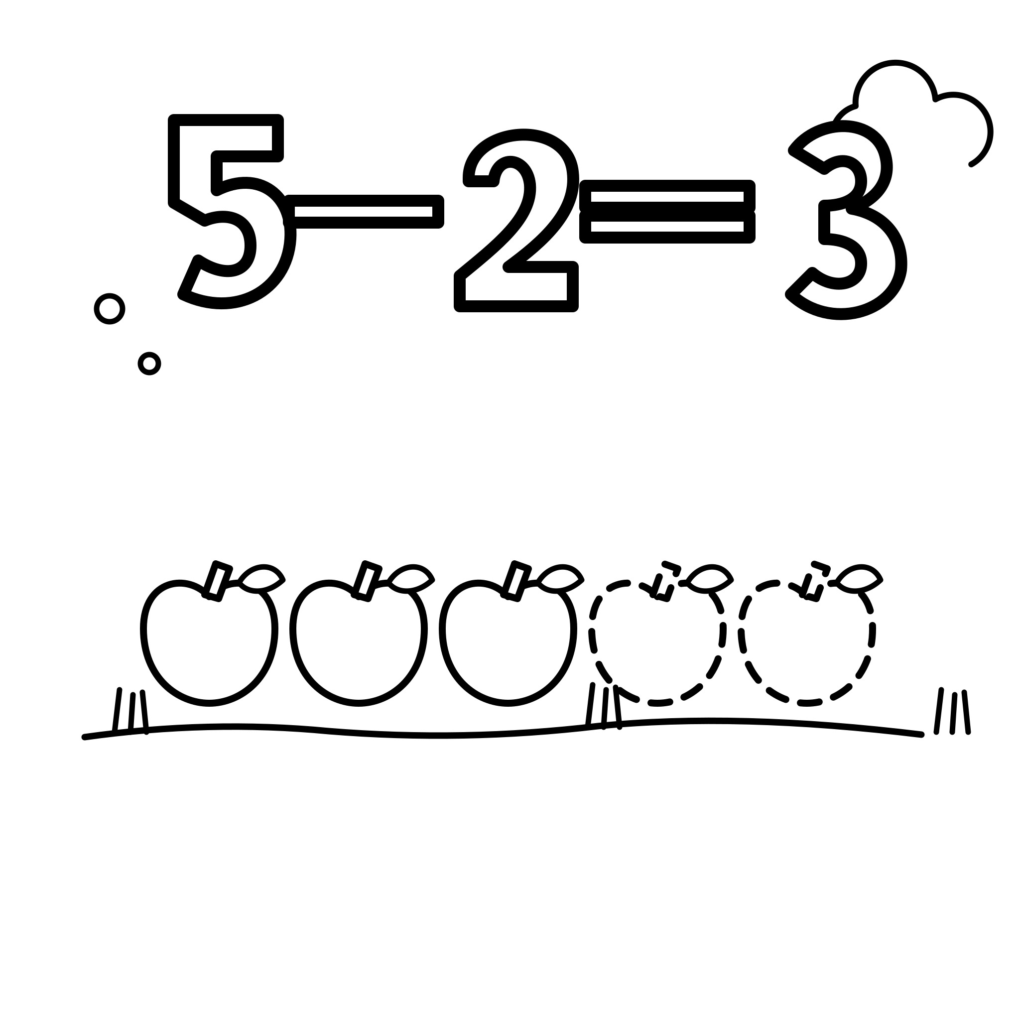 그림 뺄셈 5-2=3 — 사과