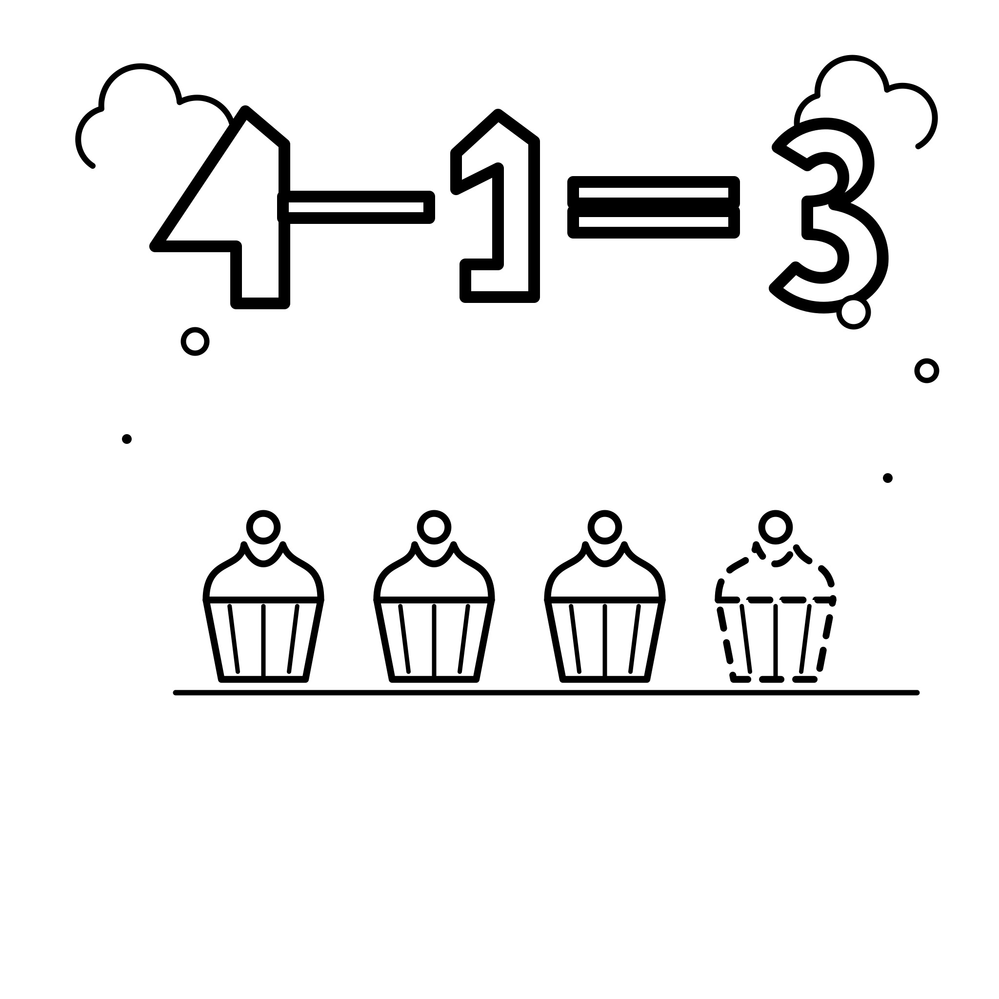 그림 뺄셈 4-1=3 — 컵케이크